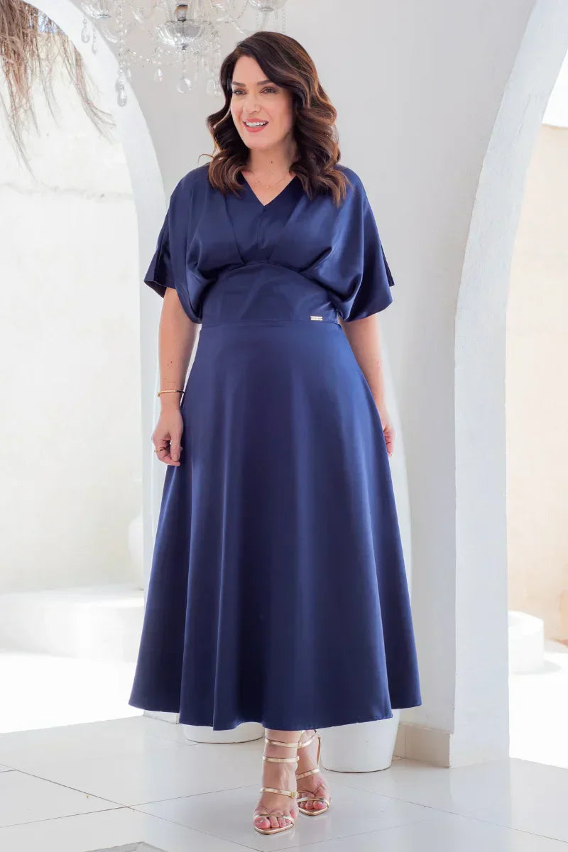 Vestido Midi Élise Azul Marinho em Crepe Acetinado