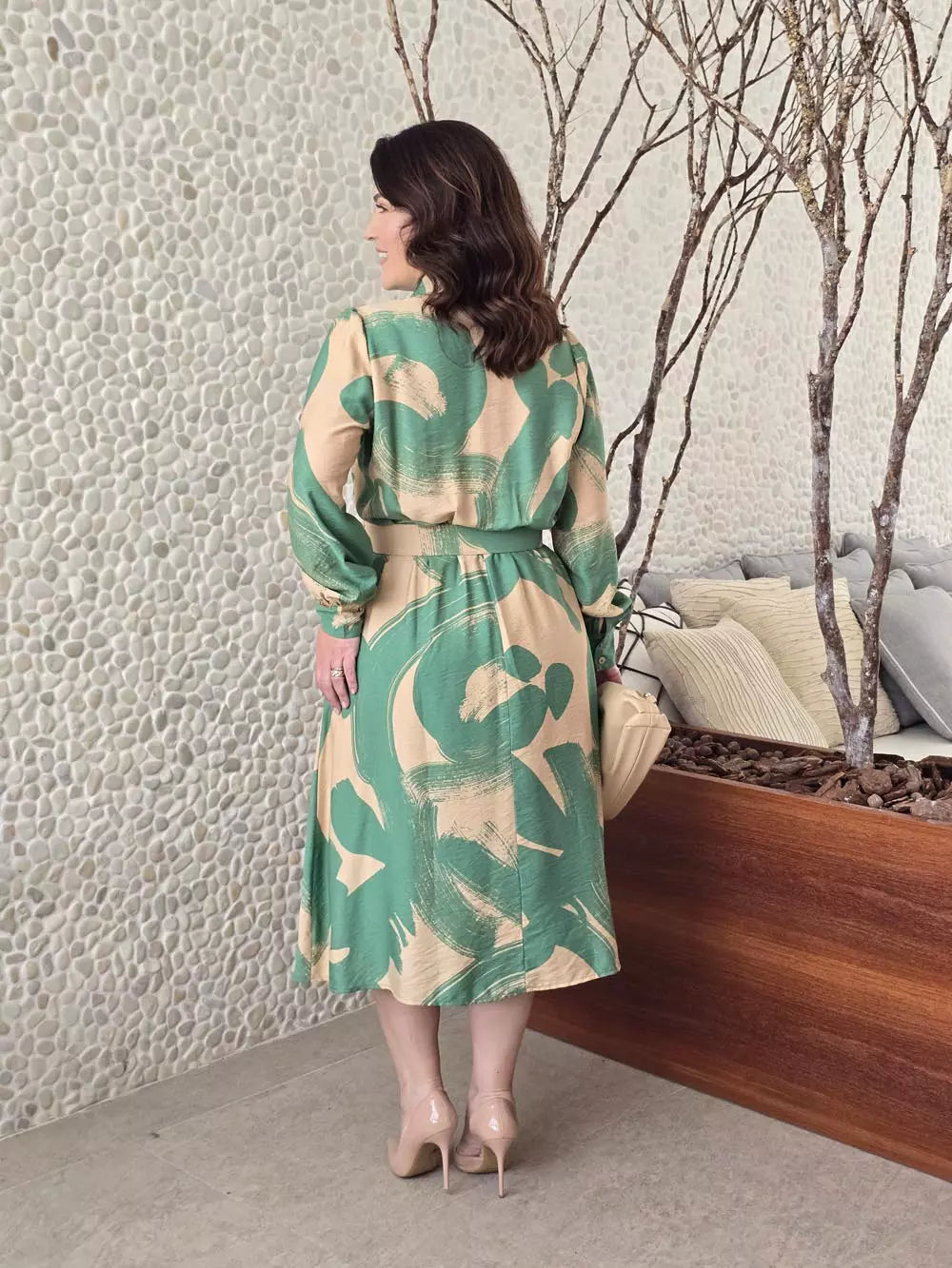 VESTIDO MIDI EVASÊ MANGA LONGA VERDE