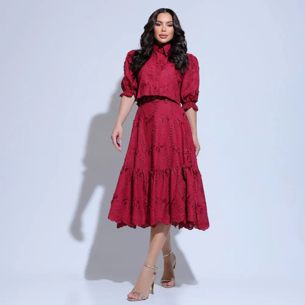 Conjunto Feminino Richelieu 3D Vermelho Bordado Luma - FL23