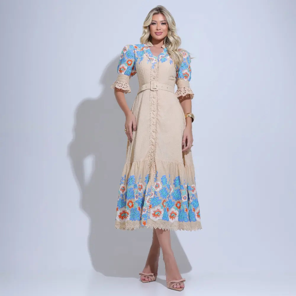 Vestido Feminino Midi Bege Bordado Aurora - FL30