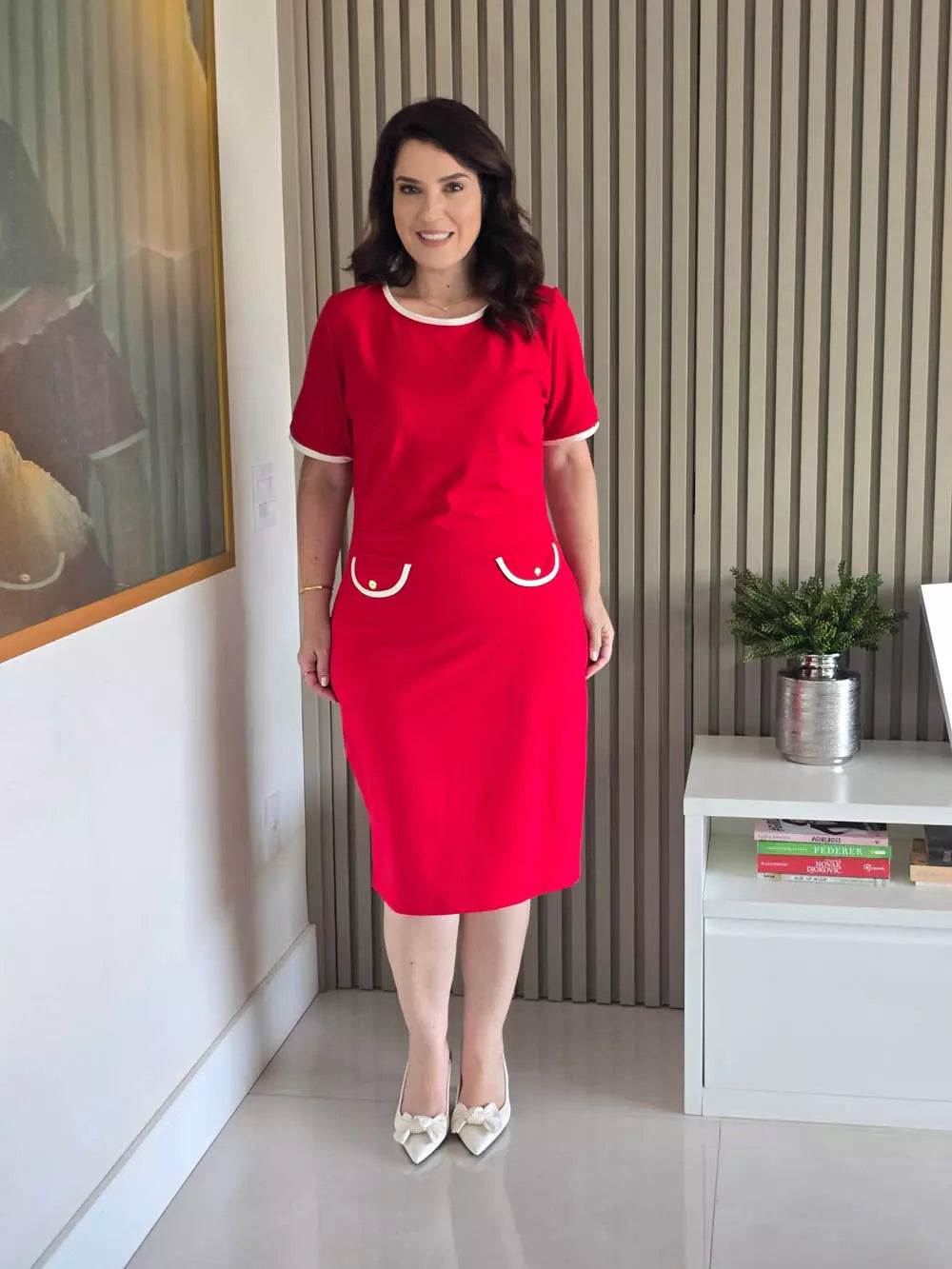 VESTIDO TUBINHO VERMELHO COM LAPELA