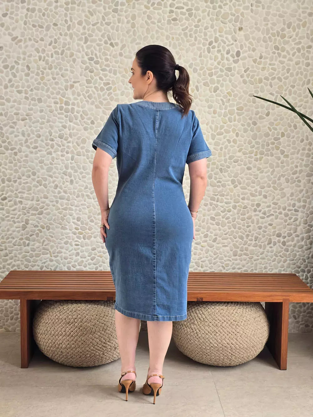 VESTIDO JEANS TUBINHO C/ LAPELA