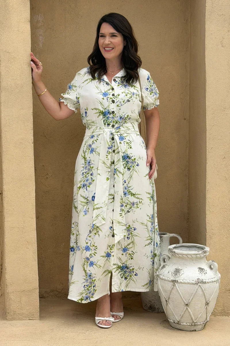 Chemise Mariah Branco Floral em Linho