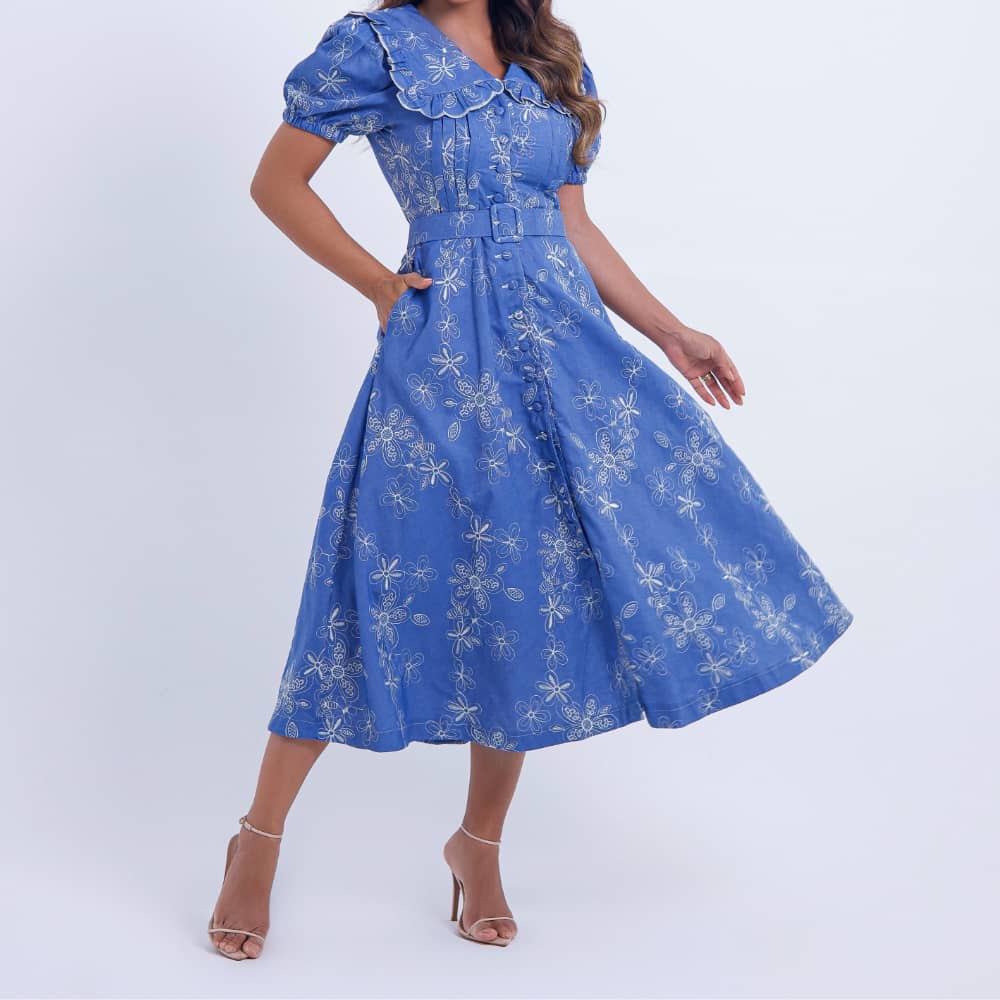 Vestido Feminino Midi Floral Azul Antonella - FL19