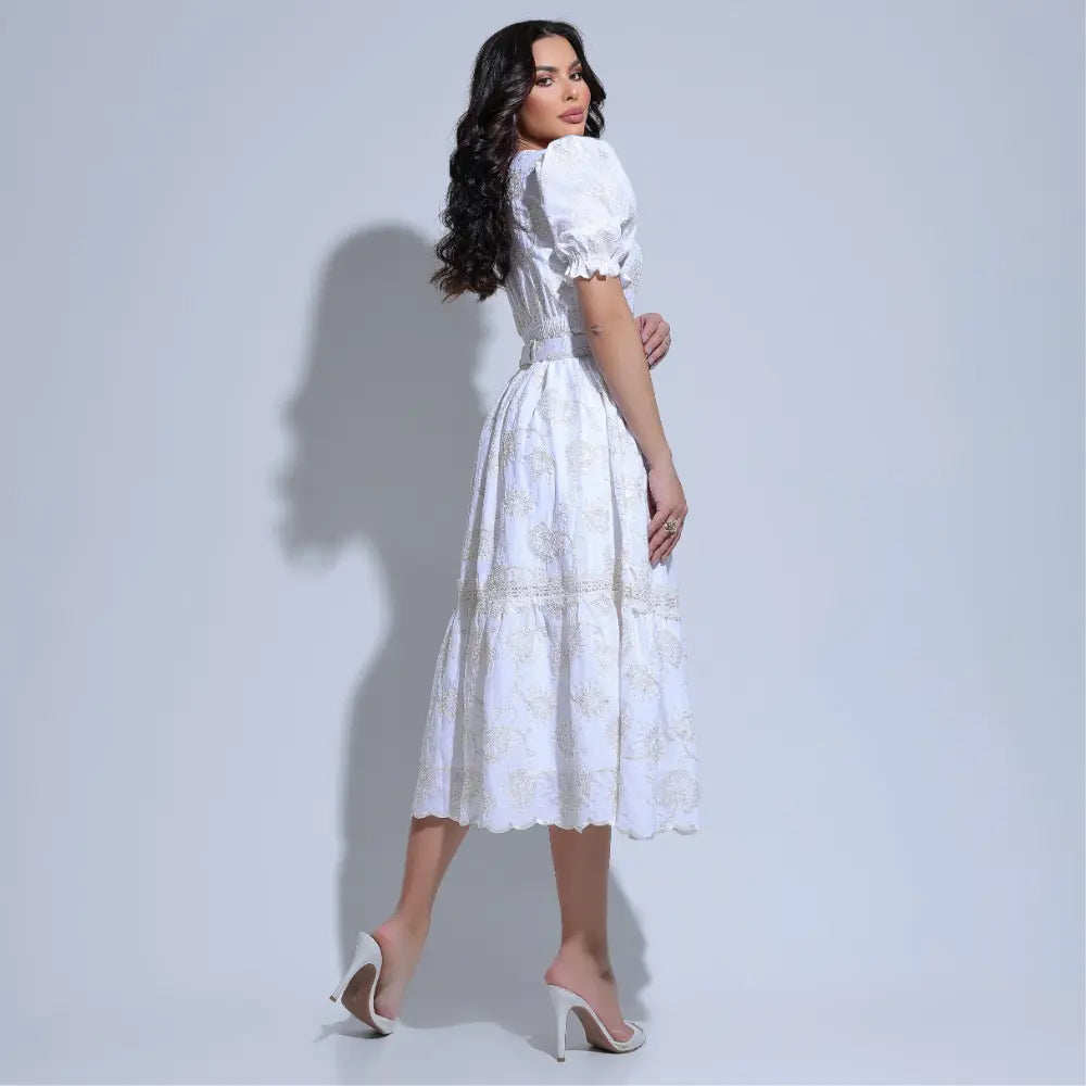 Vestido Feminino Algodão Branco Bordado com Lantejoulas Nicole - FL26