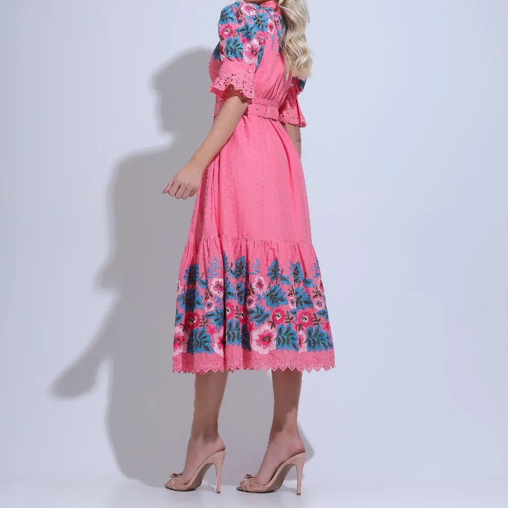 Vestido Feminino Rosa Midi Bordado Aurora - FL32