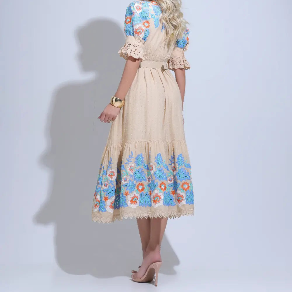 Vestido Feminino Midi Bege Bordado Aurora - FL30