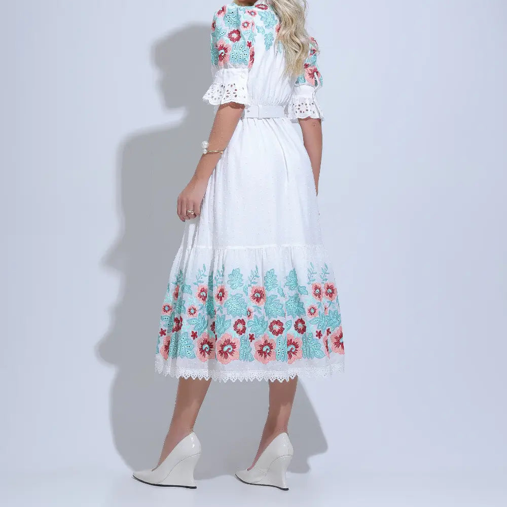 Vestido Feminino Midi Branco Bordado Aurora - FL21