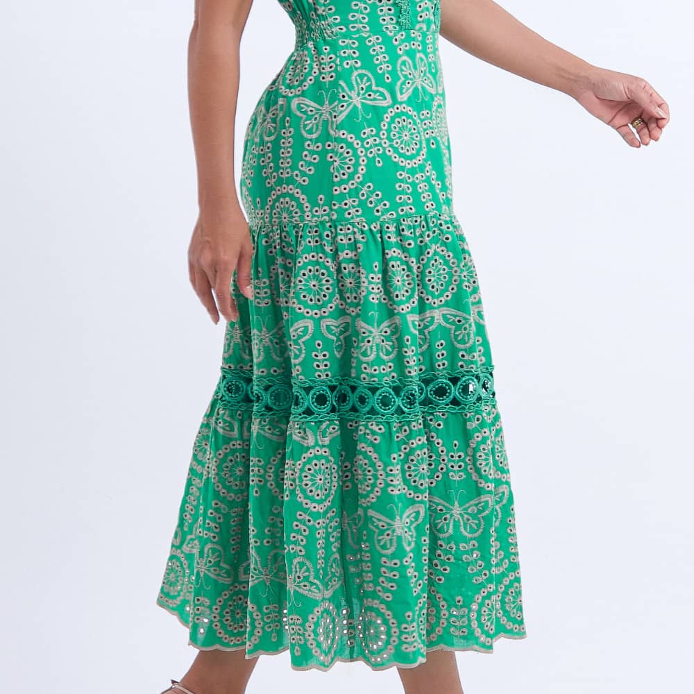 Vestido Feminino Midi Bordado Verde Gisele- FL05