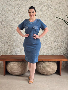 VESTIDO JEANS TUBINHO C/ LAPELA