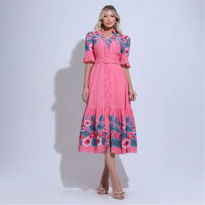 Vestido Feminino Rosa Midi Bordado Aurora - FL32