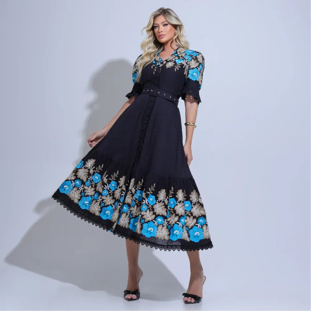 Vestido Feminino Midi Bordado Preto Aurora - FL34