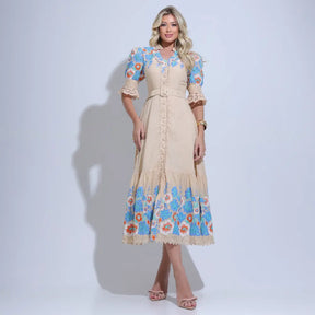 Vestido Feminino Midi Bege Bordado Aurora - FL30