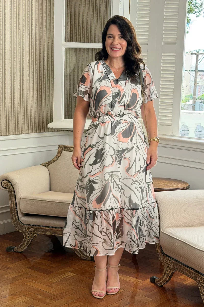 Vestido Aline Off White Floral em Crepe Chiffon Premium