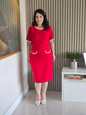 VESTIDO TUBINHO VERMELHO COM LAPELA