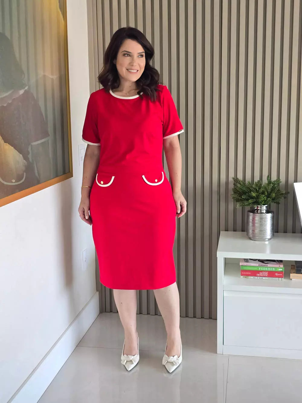 VESTIDO TUBINHO VERMELHO COM LAPELA