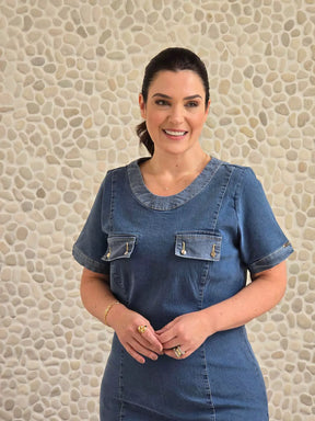 VESTIDO JEANS TUBINHO C/ LAPELA