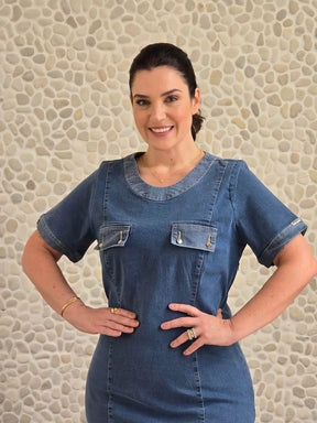 VESTIDO JEANS TUBINHO C/ LAPELA