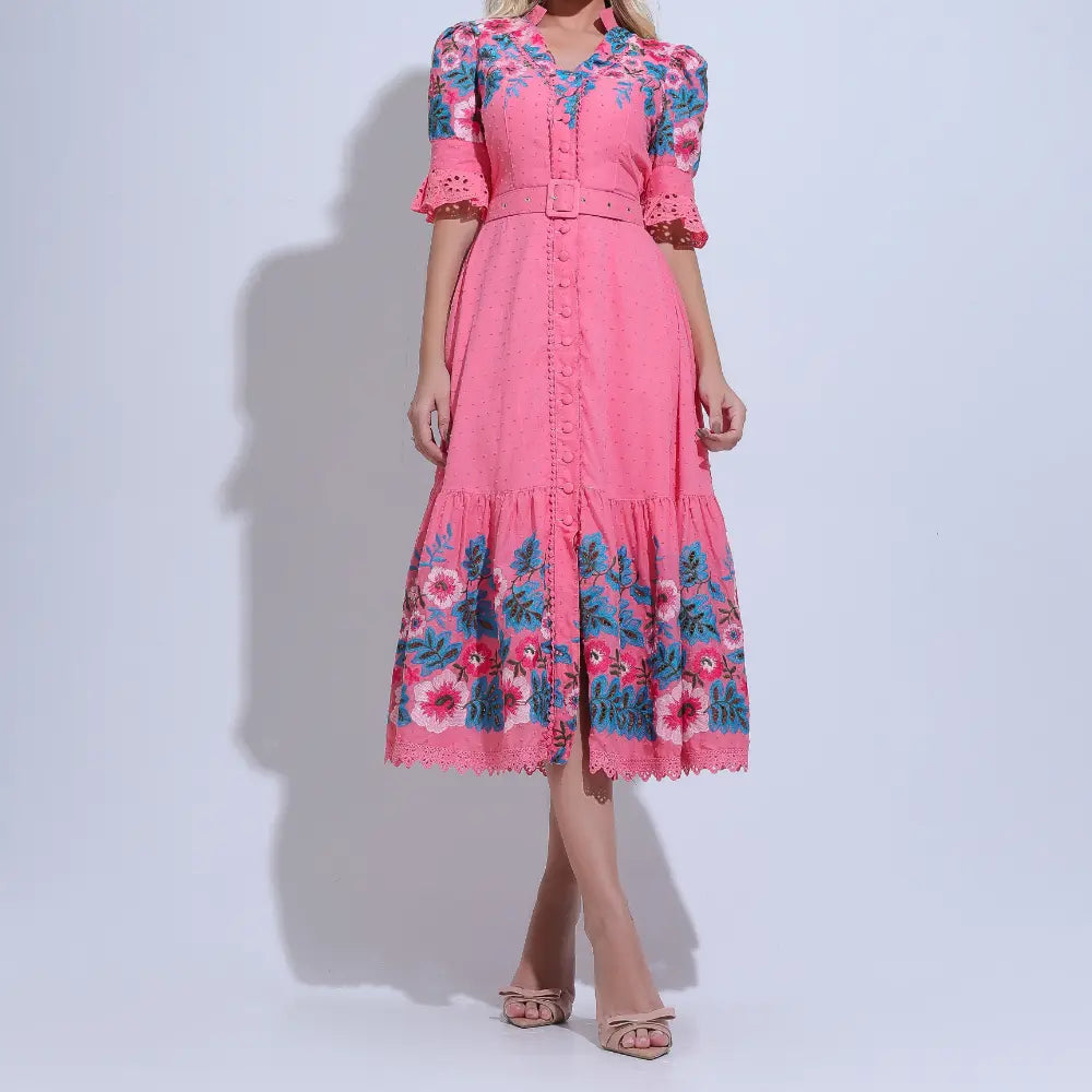 Vestido Feminino Rosa Midi Bordado Aurora - FL32