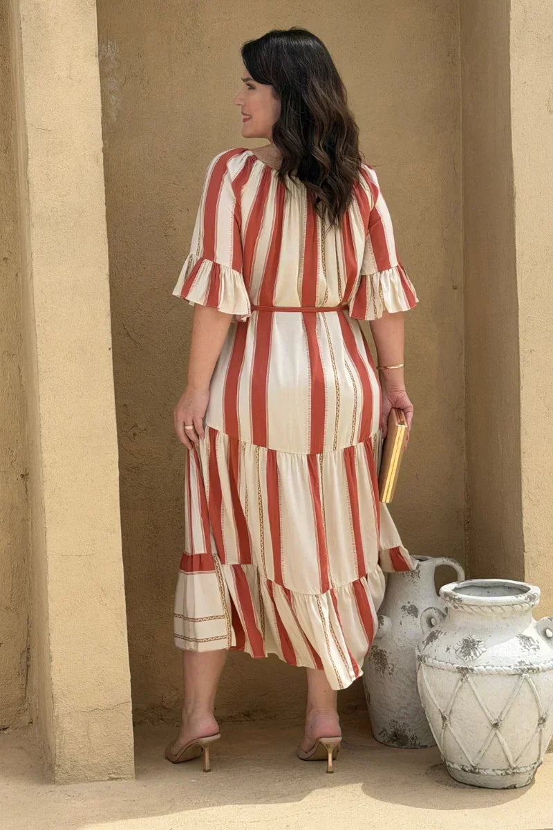 Vestido Marina Listrado Nude em Viscose