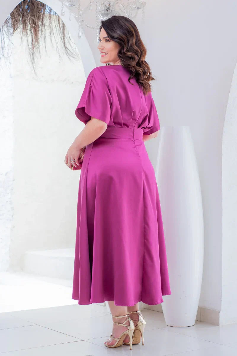 Vestido Midi Élise Fucsia em Crepe Acetinado