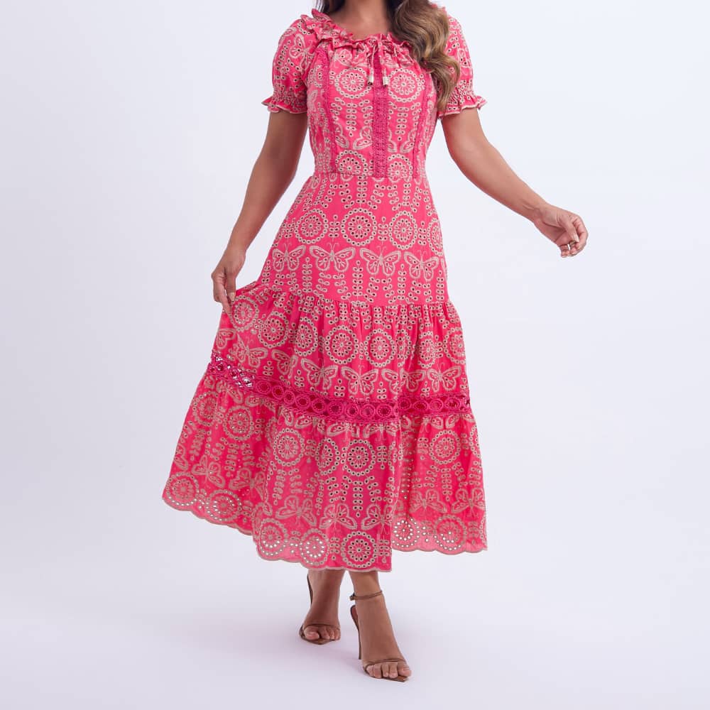 Vestido Feminino Midi Bordado Rosa Gisele - FL07