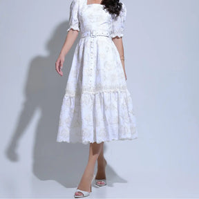 Vestido Feminino Algodão Branco Bordado com Lantejoulas Nicole - FL26