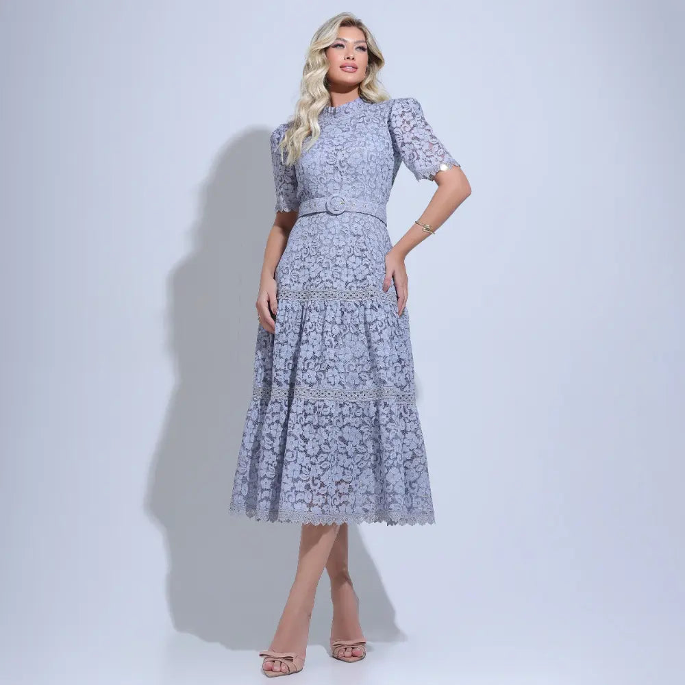 Vestido Feminino Midi Rendado Cinza  Michelinne - FL29