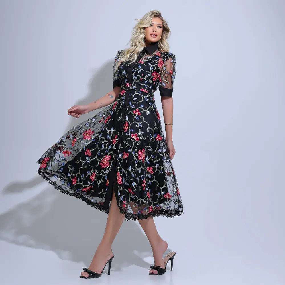 Vestido Feminino Midi Florado Preto Sarah - FL28