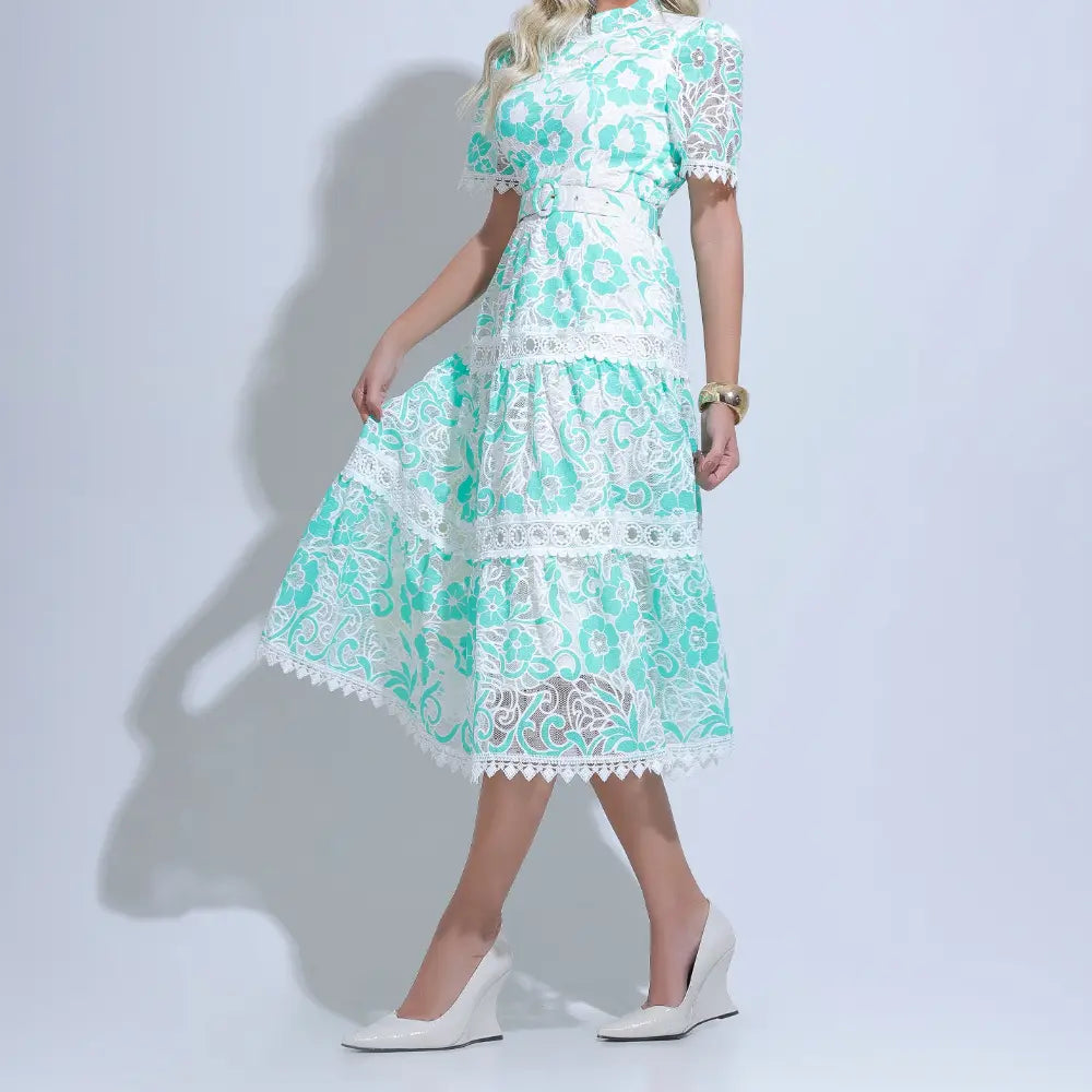 Vestido Feminino Midi Rendado Branco e Verde Michelinne - FL31