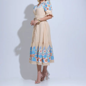 Vestido Feminino Midi Bege Bordado Aurora - FL30