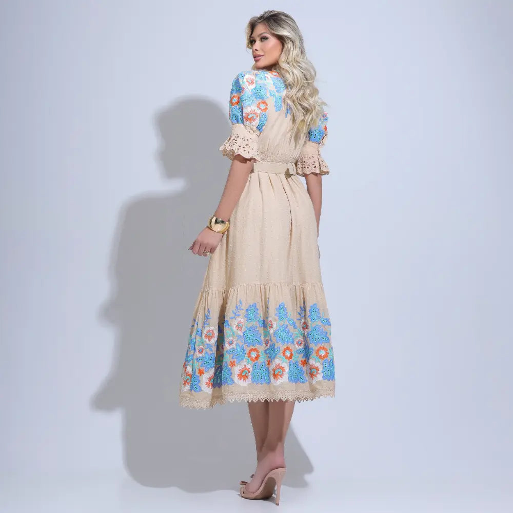 Vestido Feminino Midi Bege Bordado Aurora - FL30