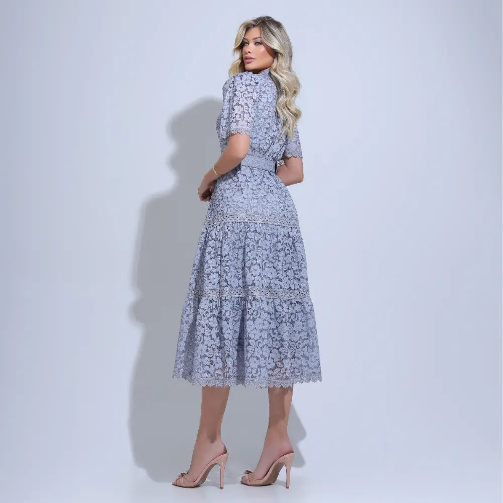 Vestido Feminino Midi Rendado Cinza  Michelinne - FL29