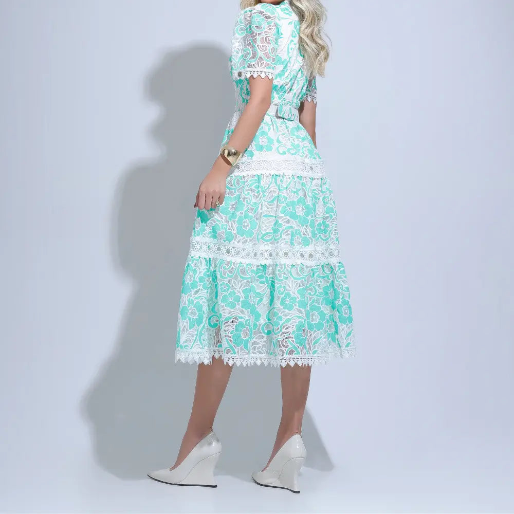 Vestido Feminino Midi Rendado Branco e Verde Michelinne - FL31