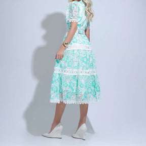 Vestido Feminino Midi Rendado Branco e Verde Michelinne - FL31