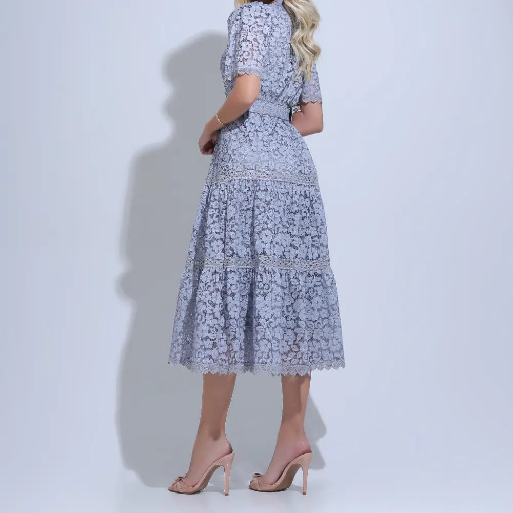 Vestido Feminino Midi Rendado Cinza  Michelinne - FL29