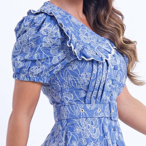 Vestido Feminino Midi Azul Floral Antonella- FL04