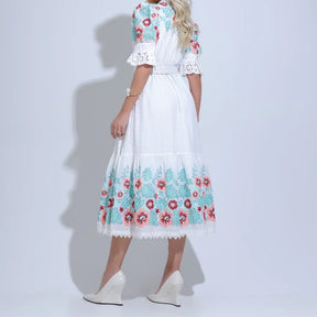 Vestido Feminino Midi Branco Bordado Aurora - FL21