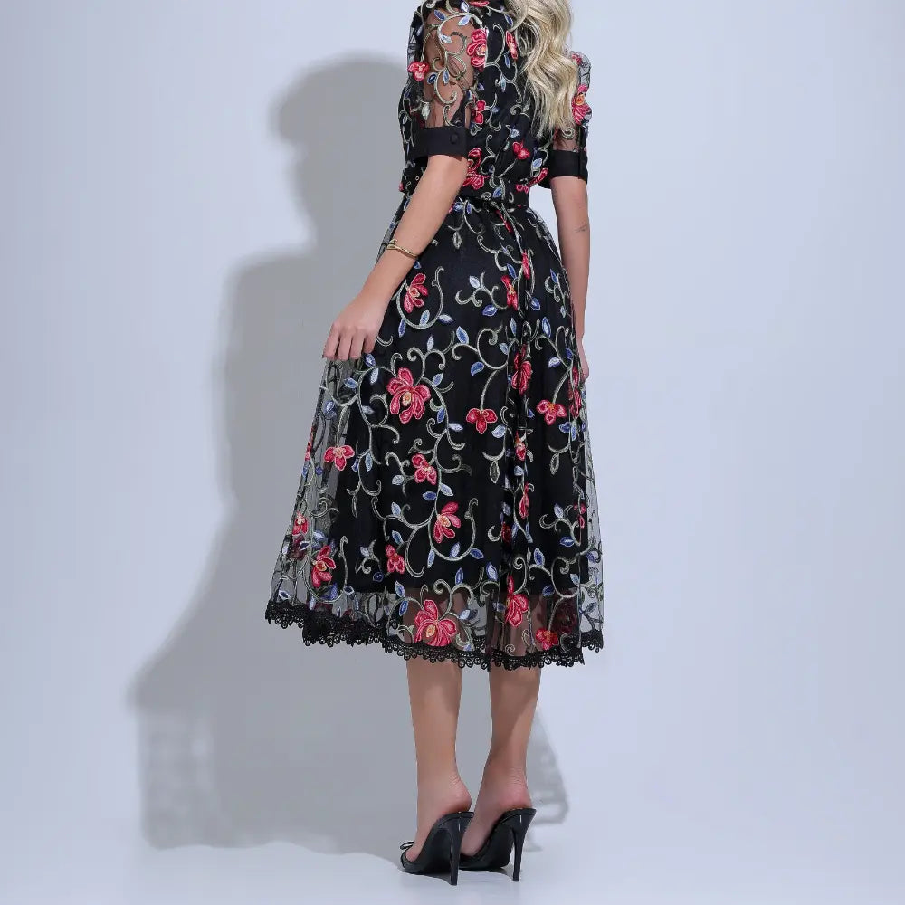 Vestido Feminino Midi Florado Preto Sarah - FL28