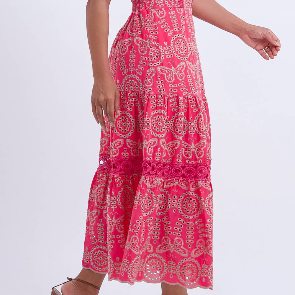 Vestido Feminino Midi Bordado Rosa Gisele - FL07