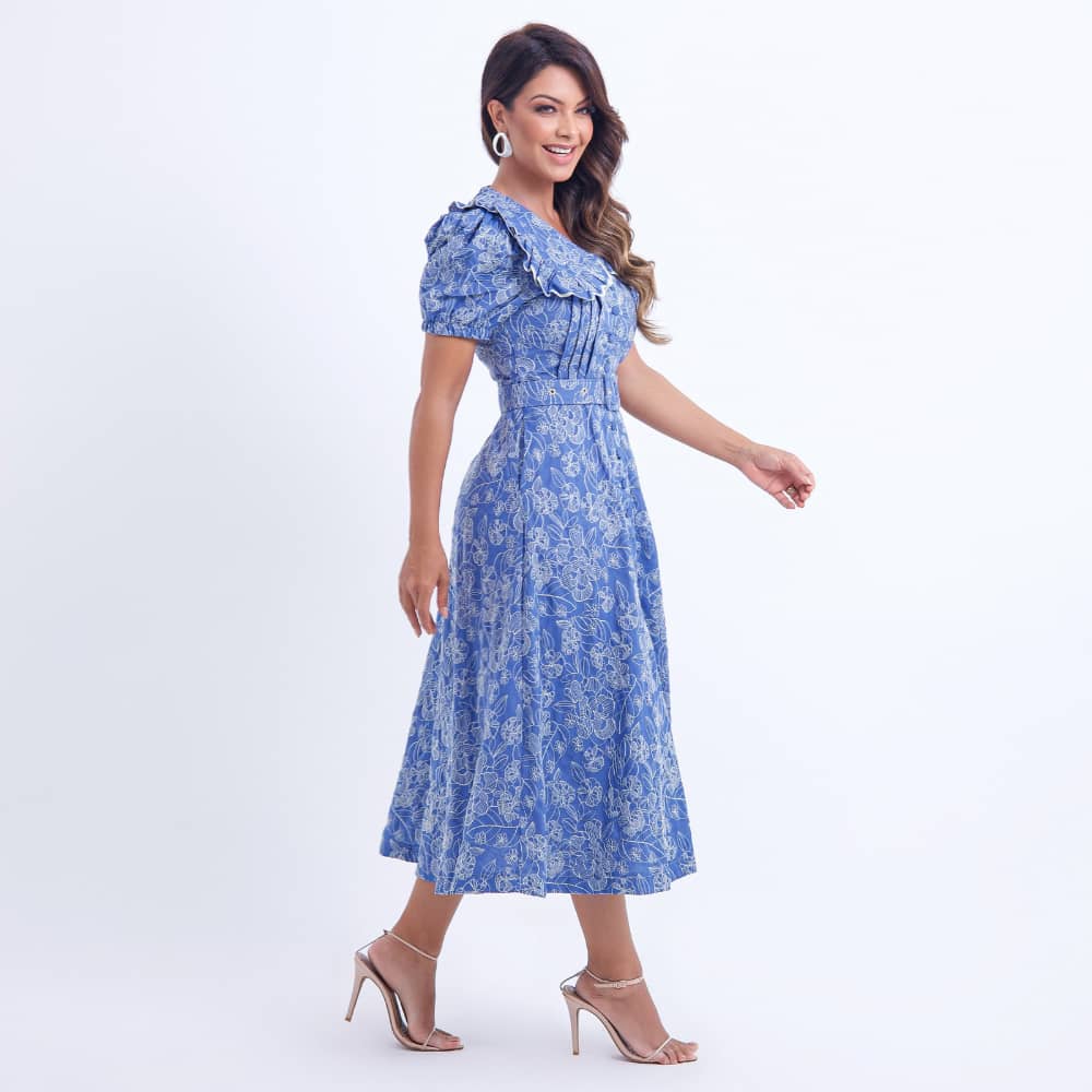 Vestido Feminino Midi Azul Floral Antonella- FL04