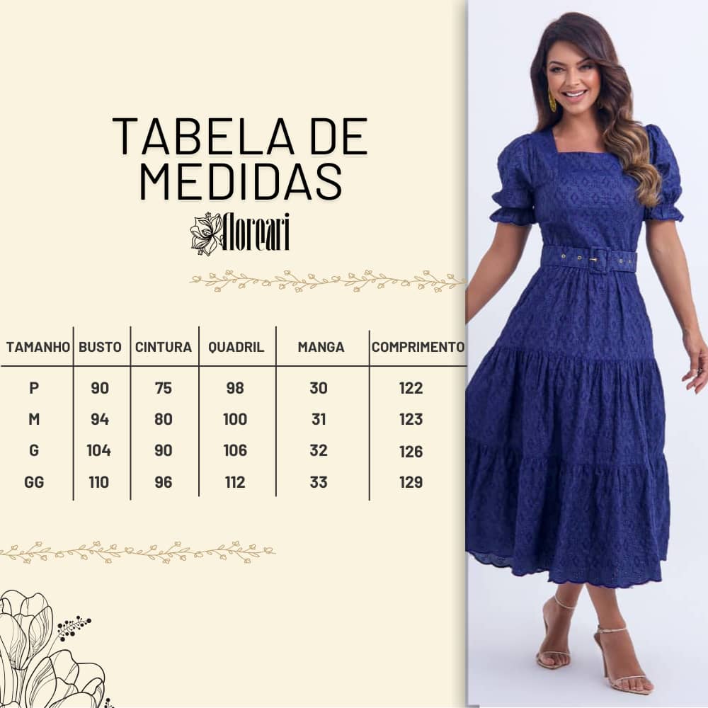 Vestido Feminino Midi Bordado Azul-Marinho Helen - FL08