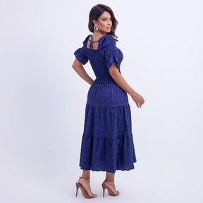 Vestido Feminino Bordado Midi Azul-Marinho Fátima - FL20