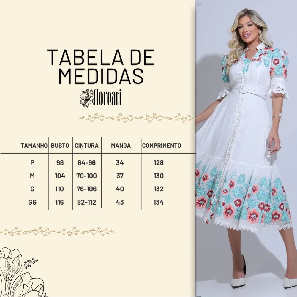 Vestido Feminino Midi Branco Bordado Aurora - FL21