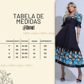 Vestido Feminino Midi Bordado Preto Aurora - FL34